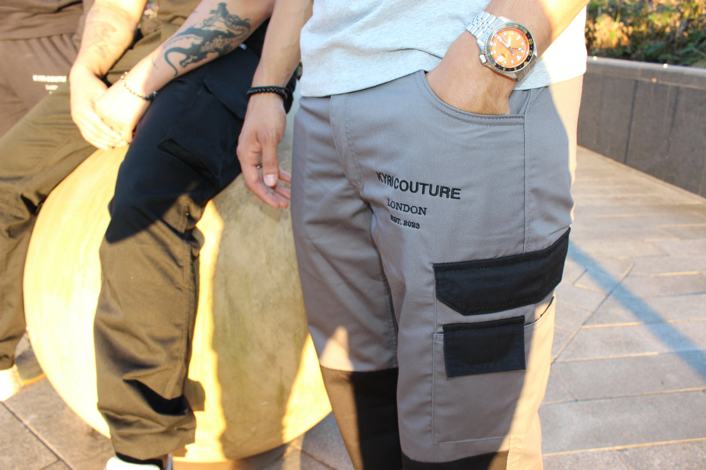 Grey Denim-Feel Builder Cargo Pants with Black Embroidery