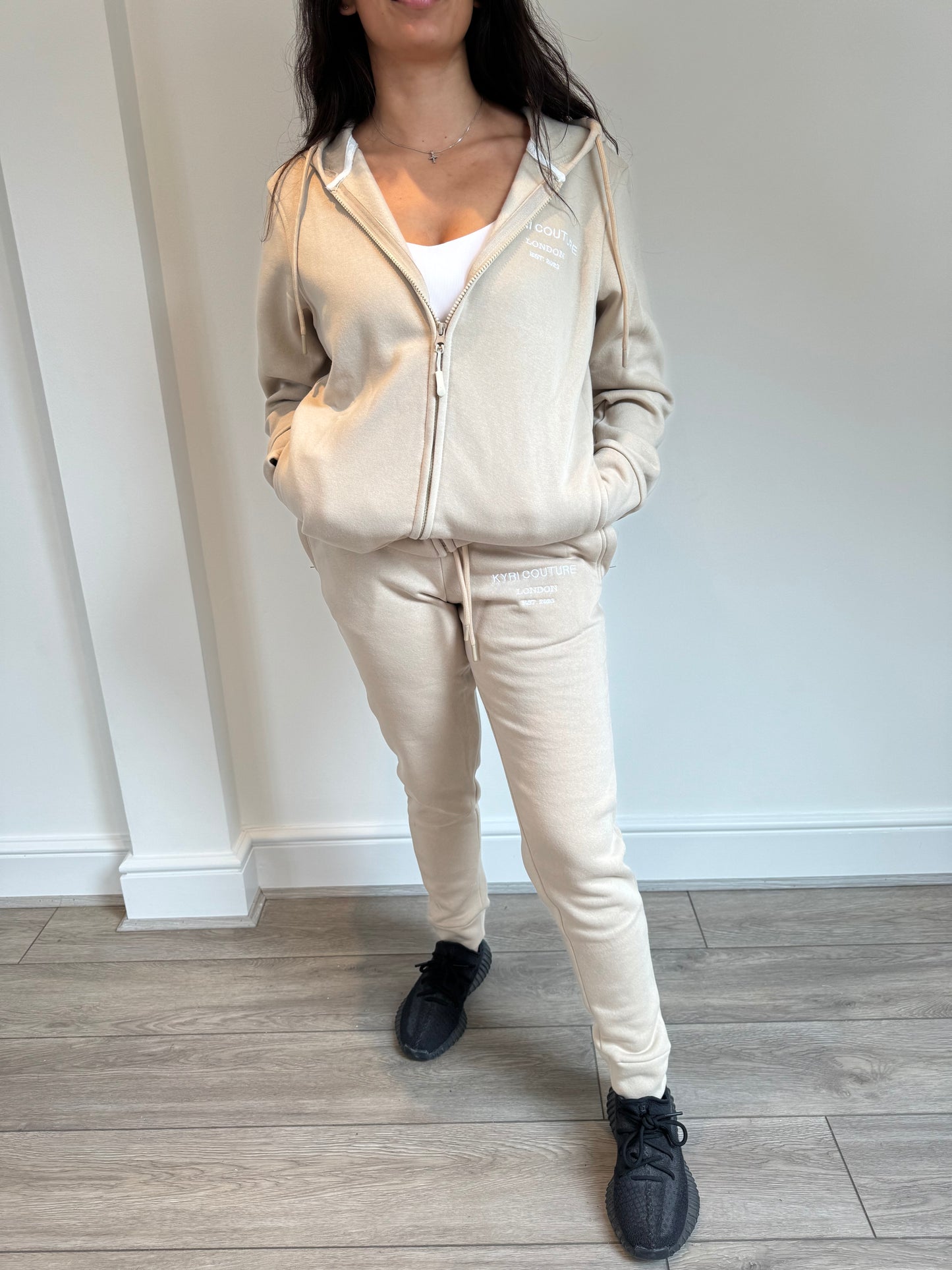 Stone Beige Cardigan/Joggers Tracksuit with White Embroidered Accents