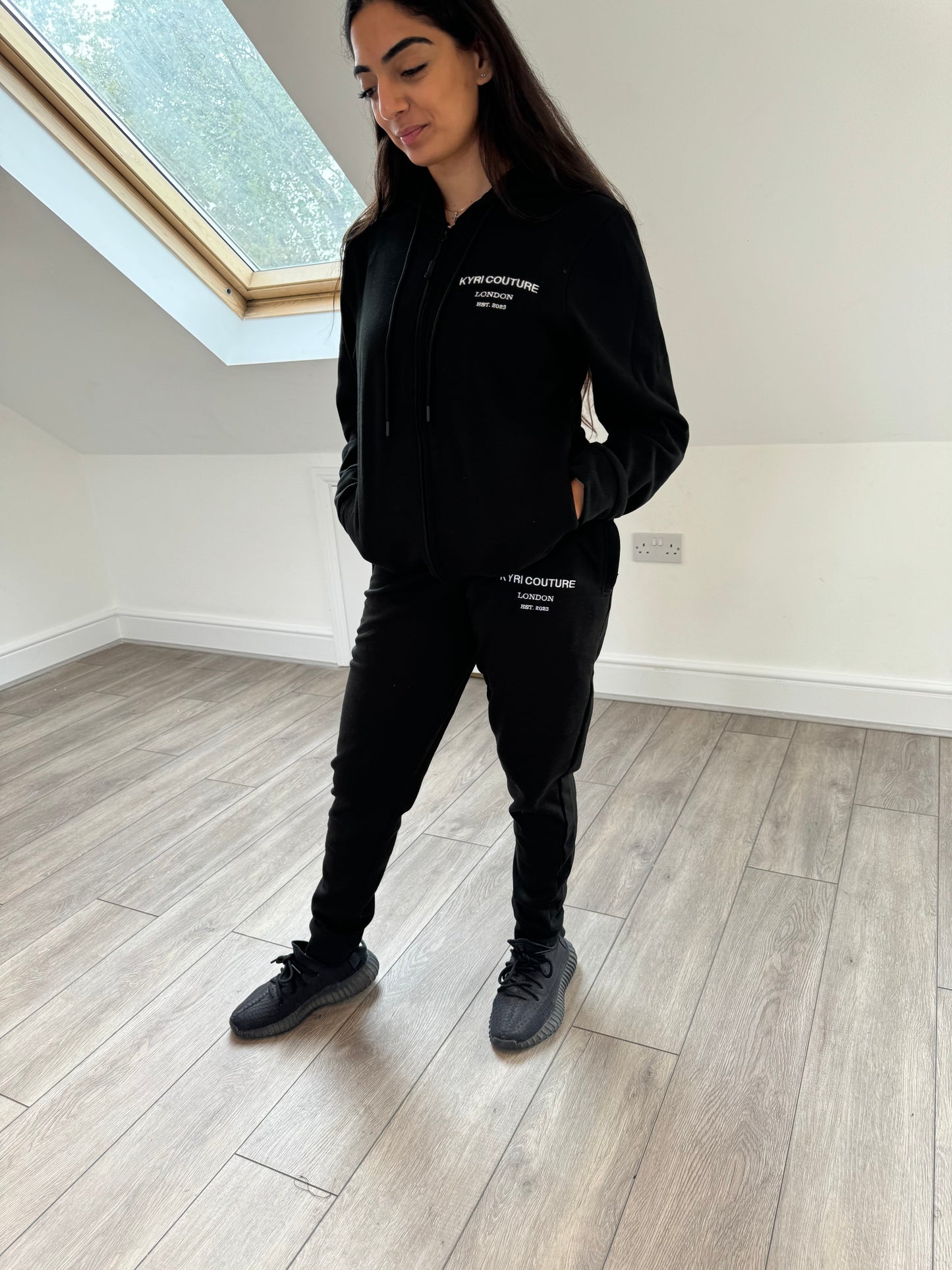 Midnight Black Cardigan/Joggers Tracksuit with White Embroidered Accents