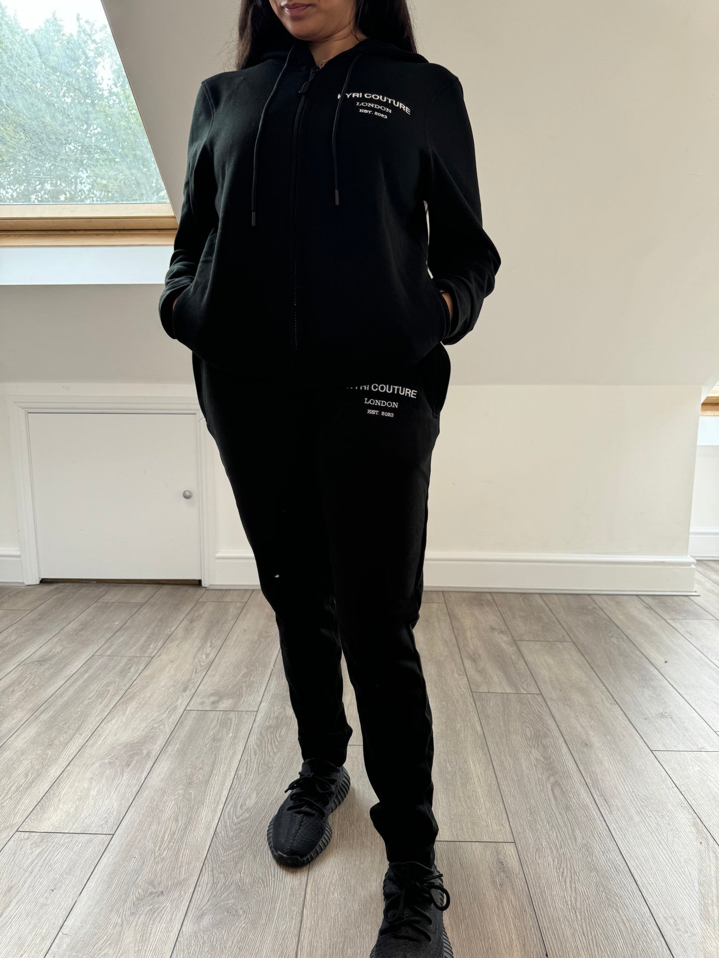 Midnight Black Cardigan/Joggers Tracksuit with White Embroidered Accents