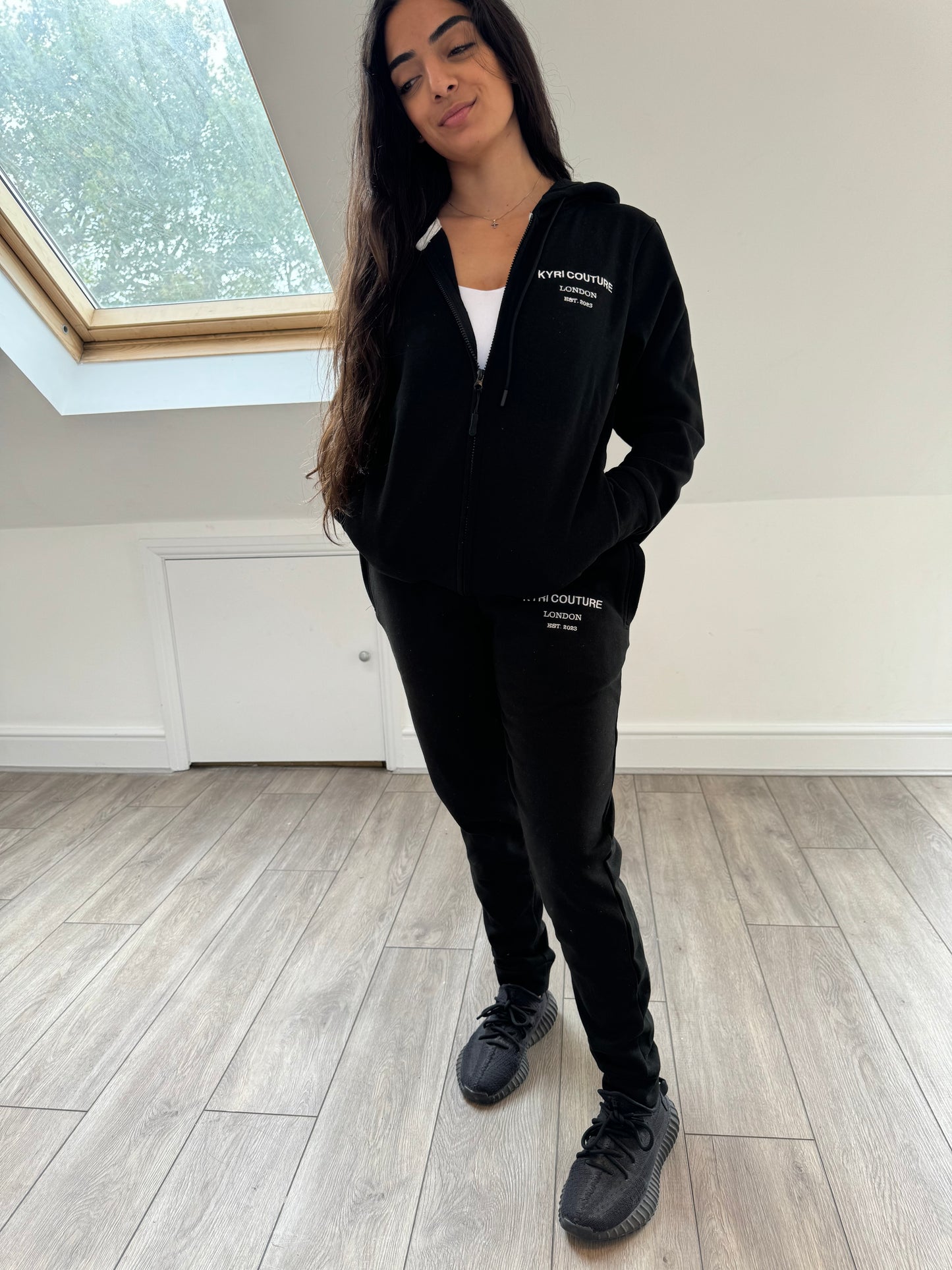 Midnight Black Cardigan/Joggers Tracksuit with White Embroidered Accents