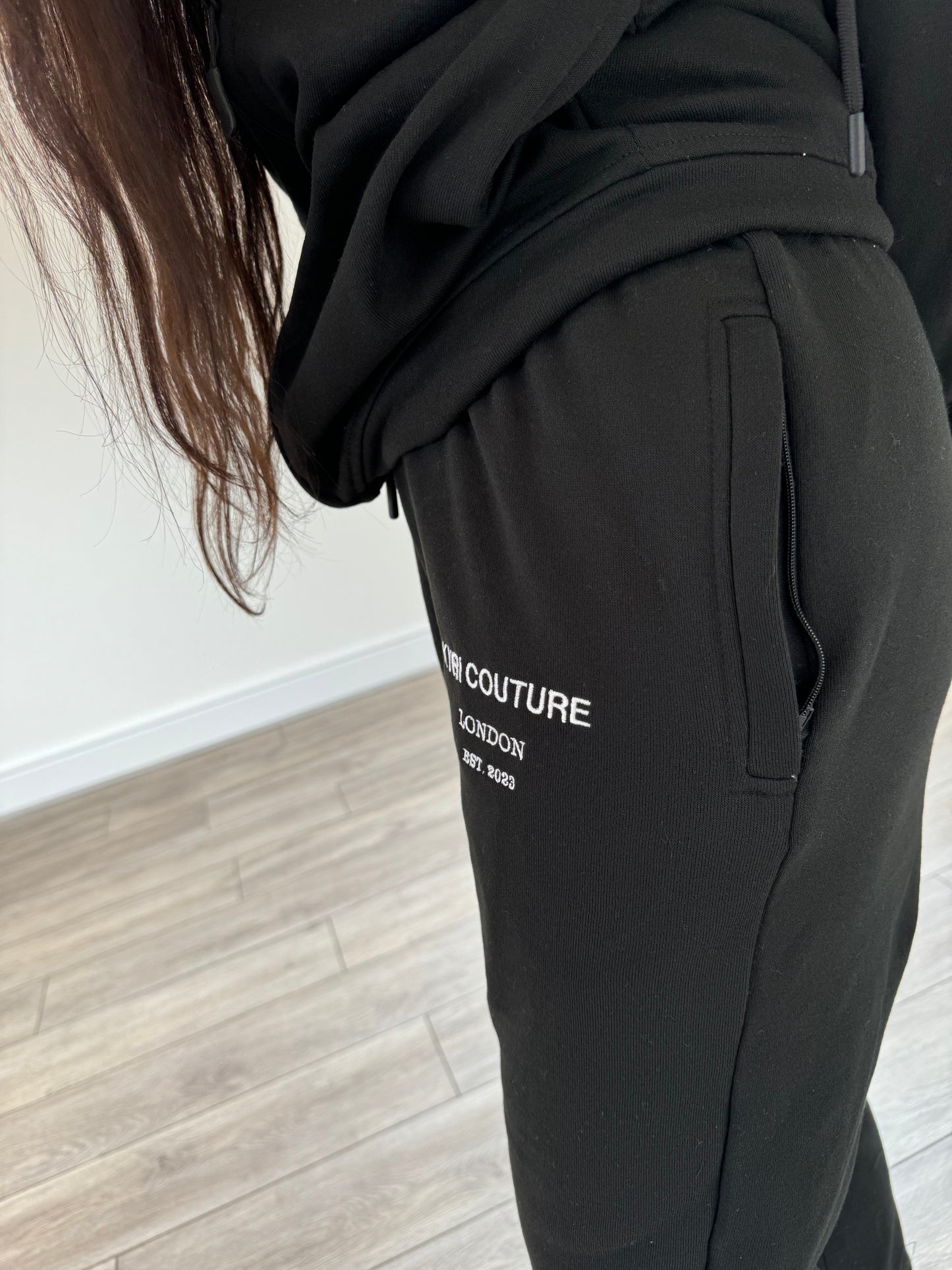 Midnight Black Cardigan/Joggers Tracksuit with White Embroidered Accents
