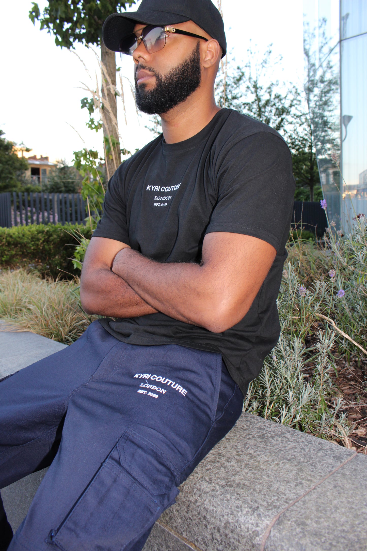 Navy Blue Cargo Pants with White Embroidery