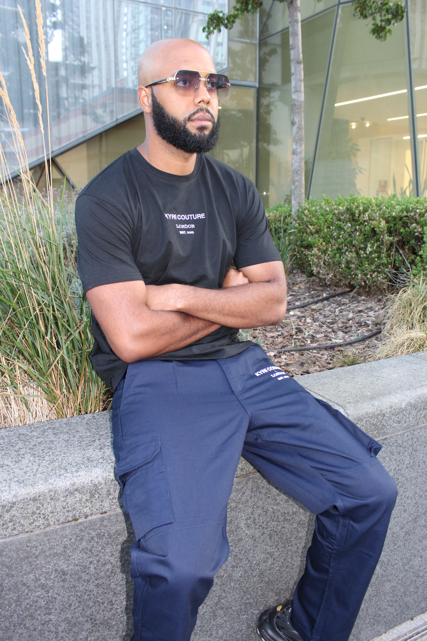 Navy Blue Cargo Pants with White Embroidery