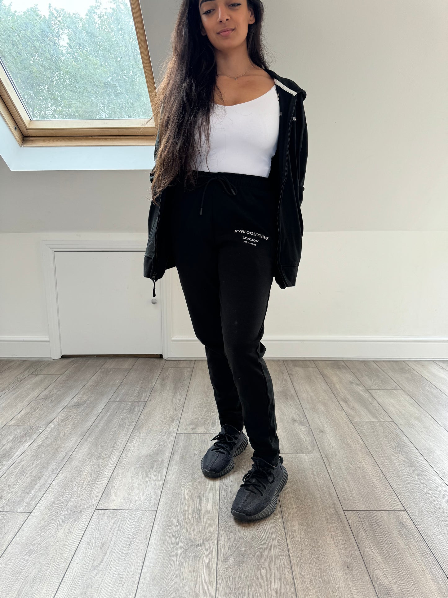 Midnight Black Cardigan/Joggers Tracksuit with White Embroidered Accents