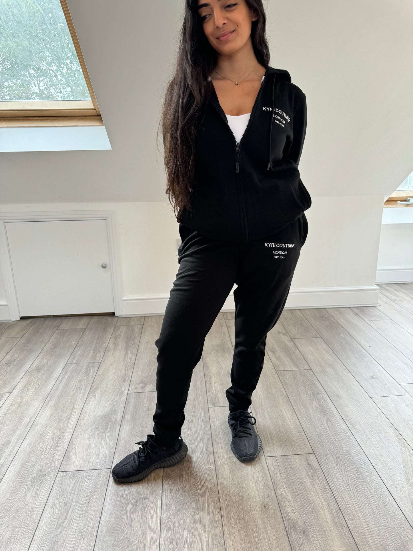 Midnight Black Cardigan/Joggers Tracksuit with White Embroidered Accents