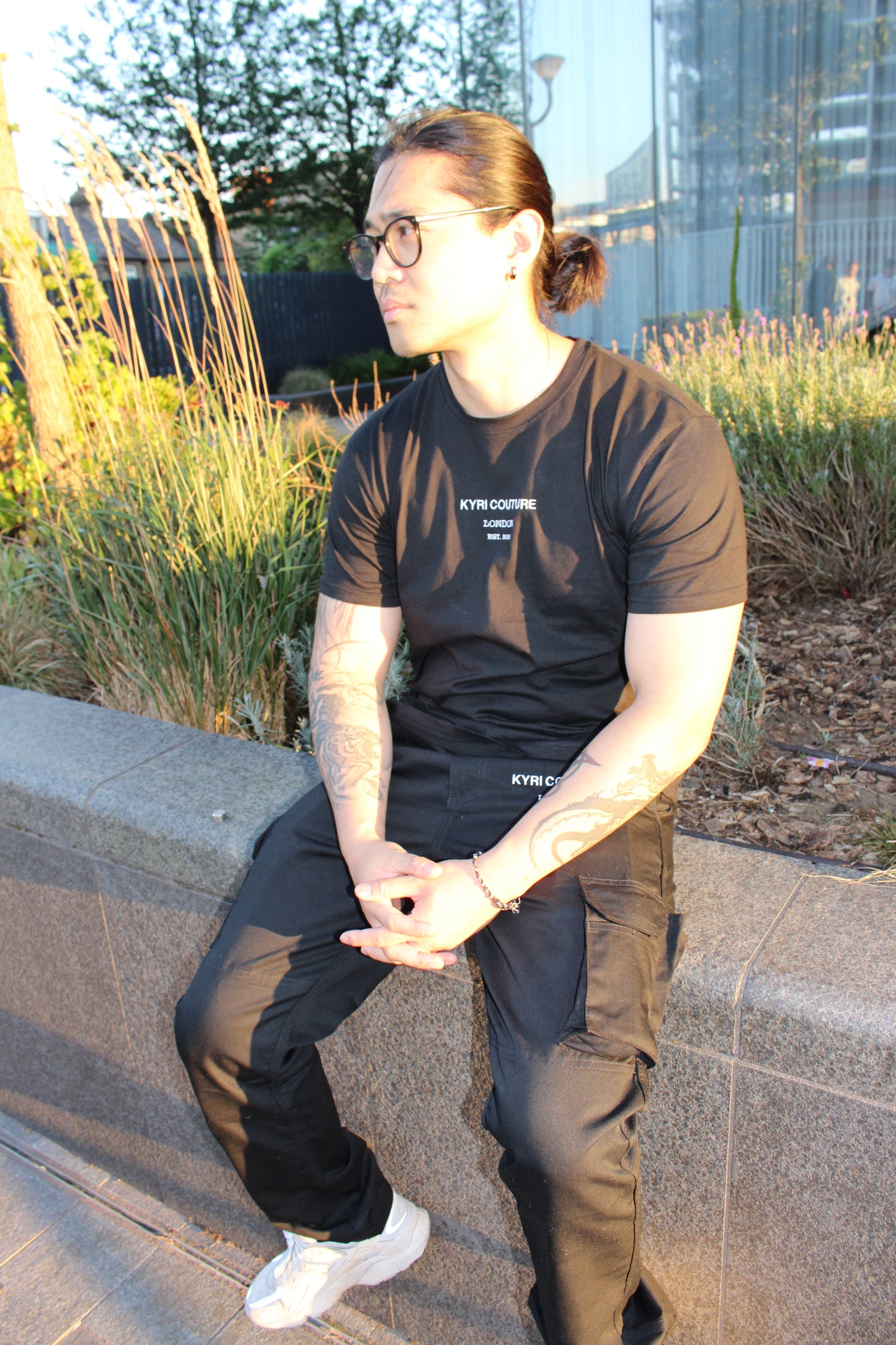 Black Cargo Pants with White Embroidery