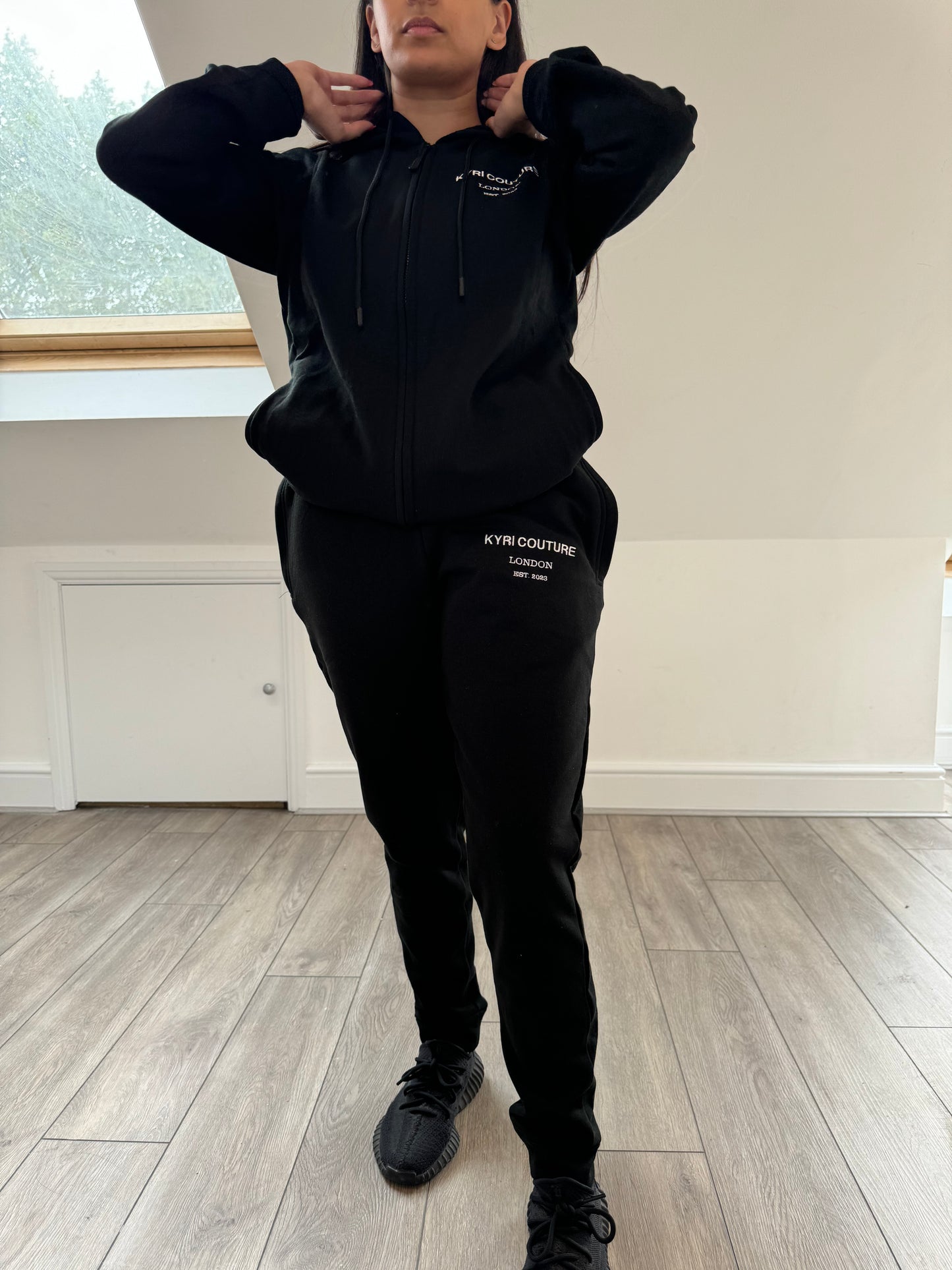Midnight Black Cardigan/Joggers Tracksuit with White Embroidered Accents