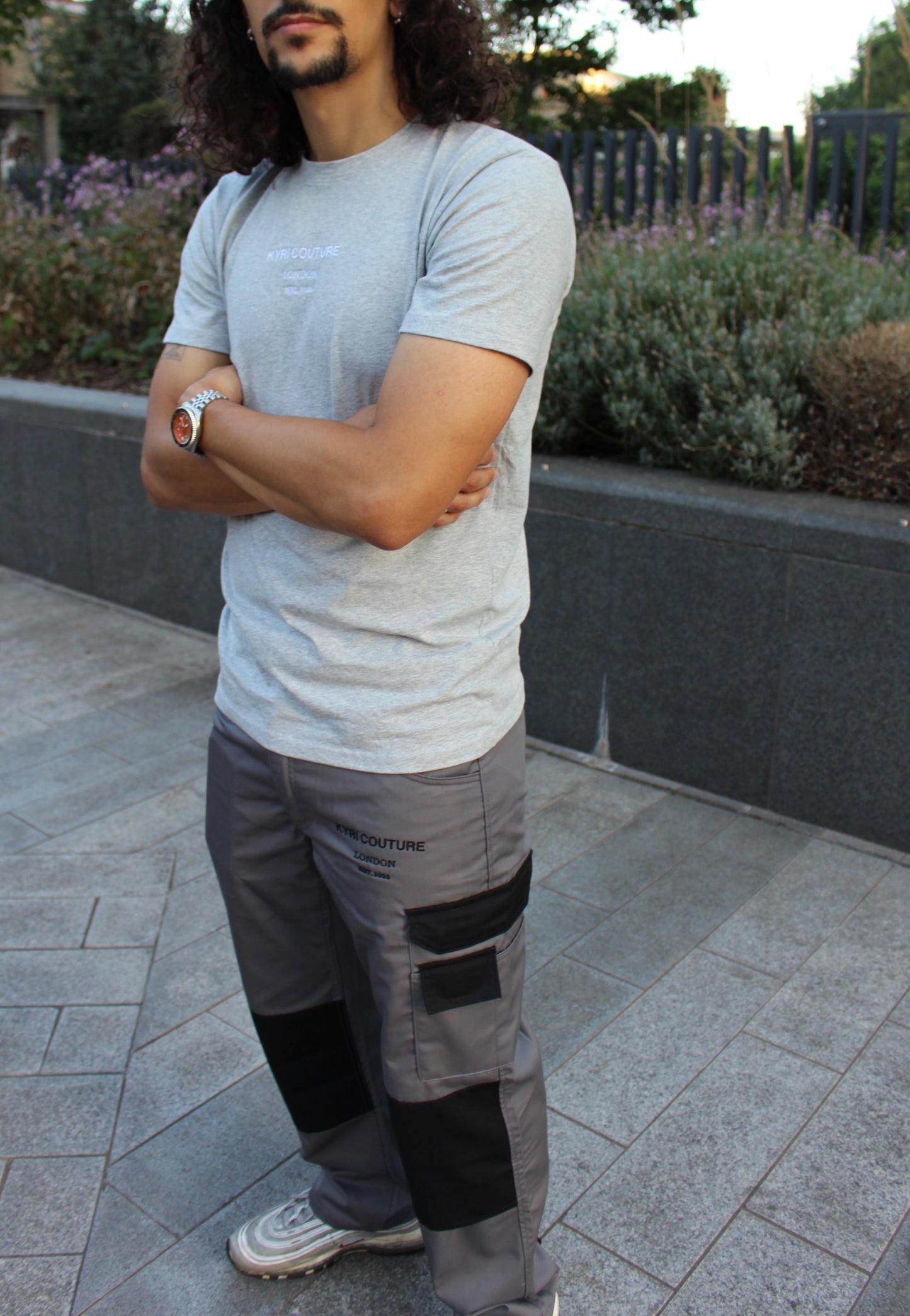 Grey Denim-Feel Builder Cargo Pants with Black Embroidery
