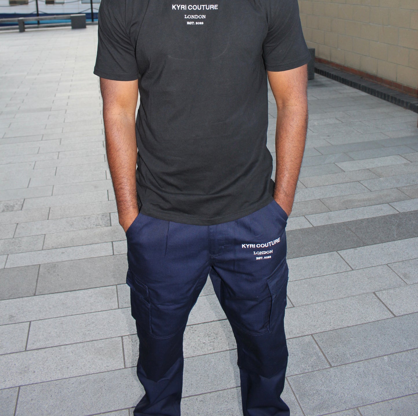 Navy Blue Cargo Pants with White Embroidery