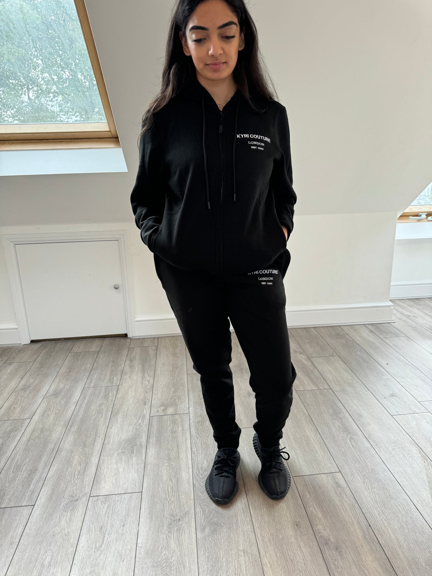Midnight Black Cardigan/Joggers Tracksuit with White Embroidered Accents