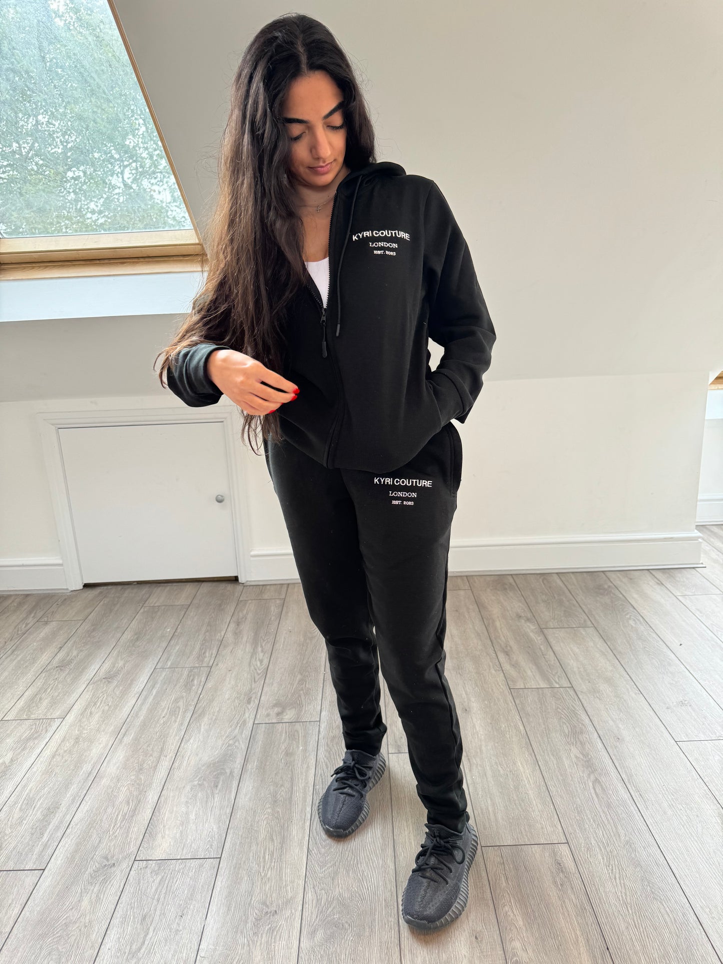 Midnight Black Cardigan/Joggers Tracksuit with White Embroidered Accents