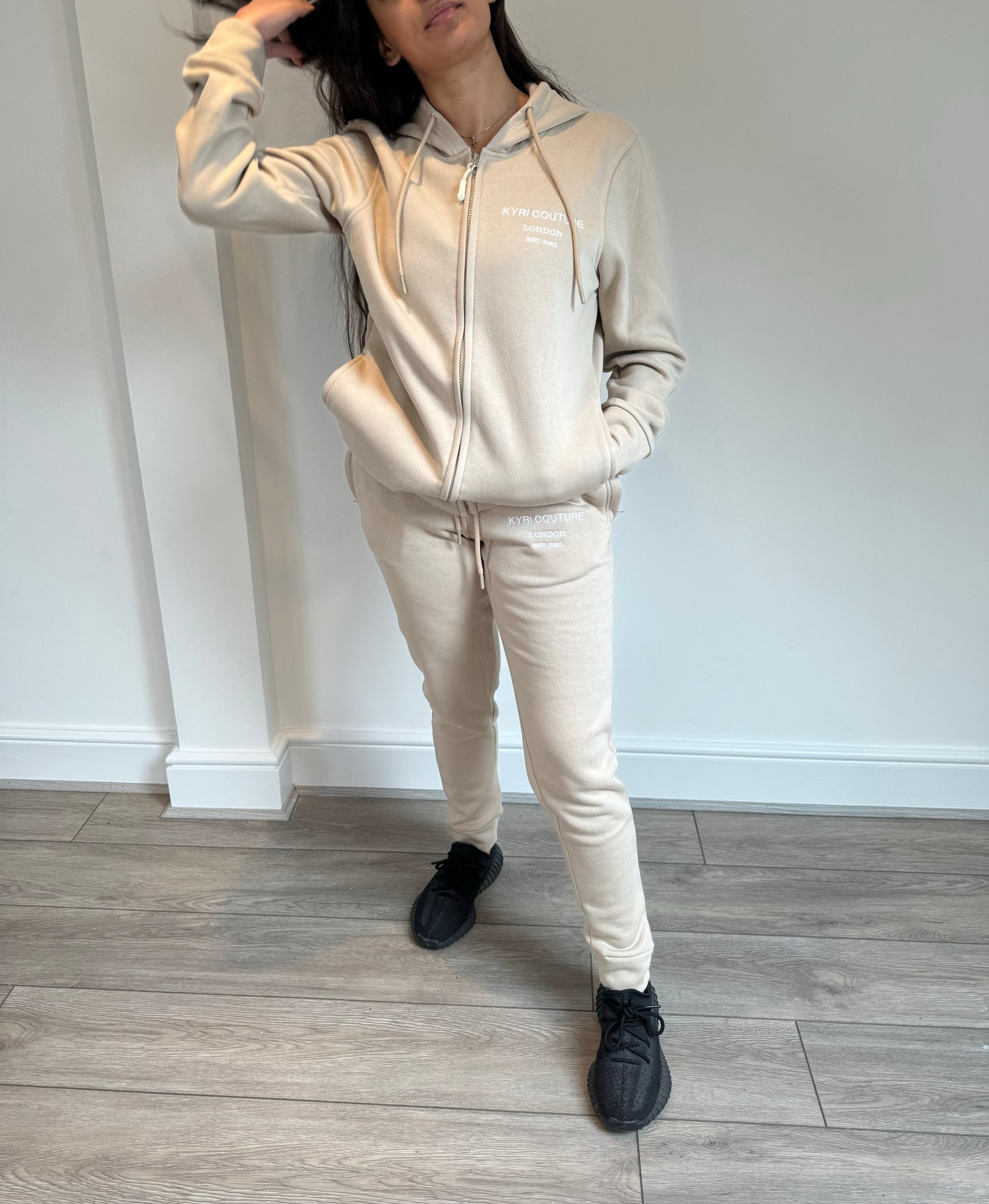 Stone Beige Cardigan/Joggers Tracksuit with White Embroidered Accents