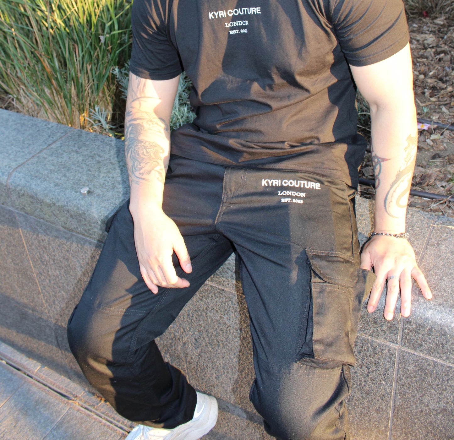 Black Cargo Pants with White Embroidery