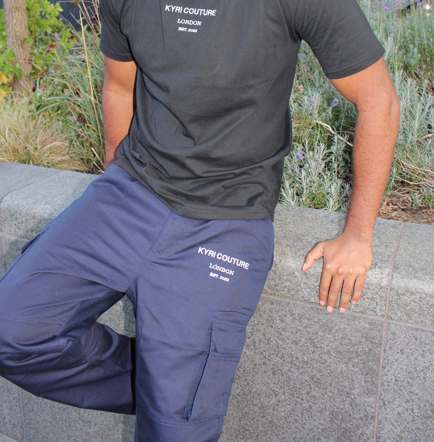 Navy Blue Cargo Pants with White Embroidery