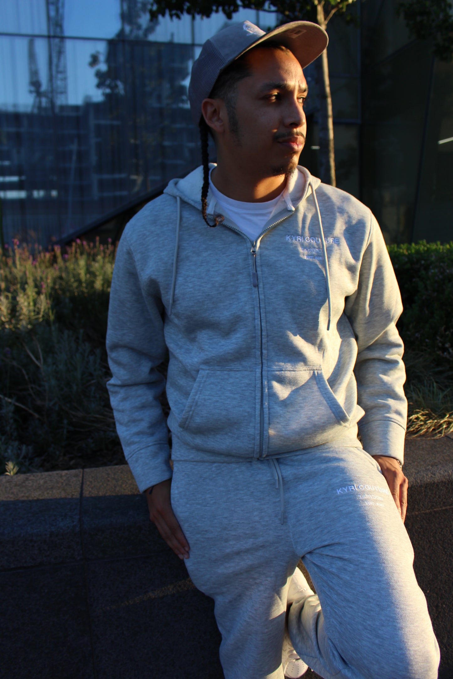 Stone Grey Cardigan/Joggers Set with White Embroidered Accents