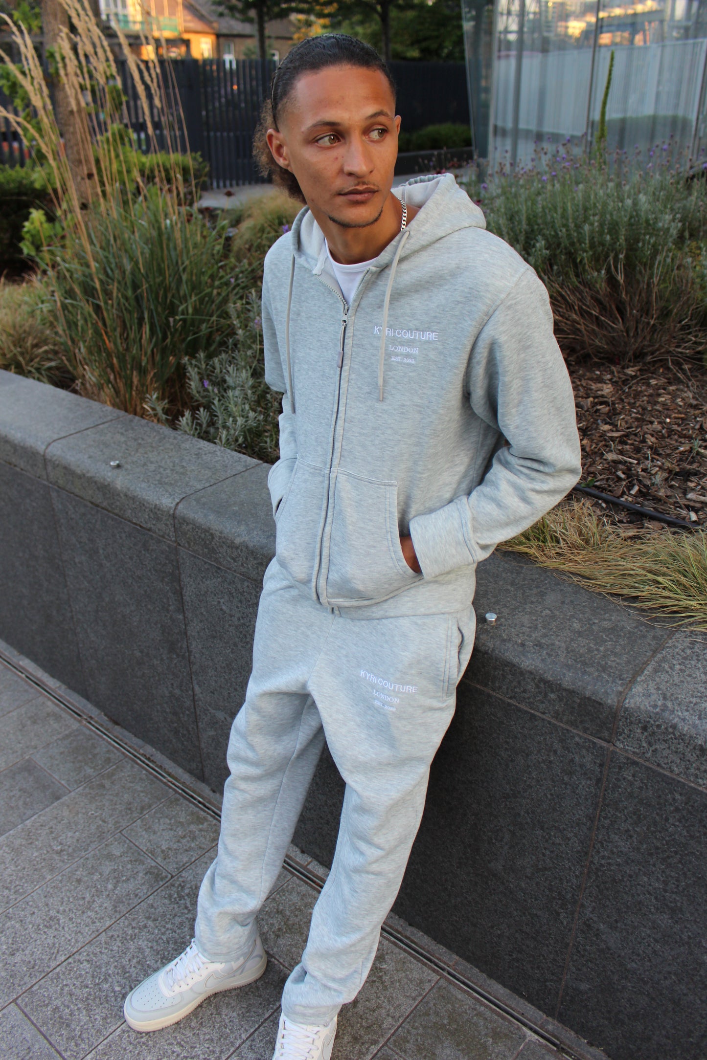 Stone Grey Cardigan/Joggers Set with White Embroidered Accents