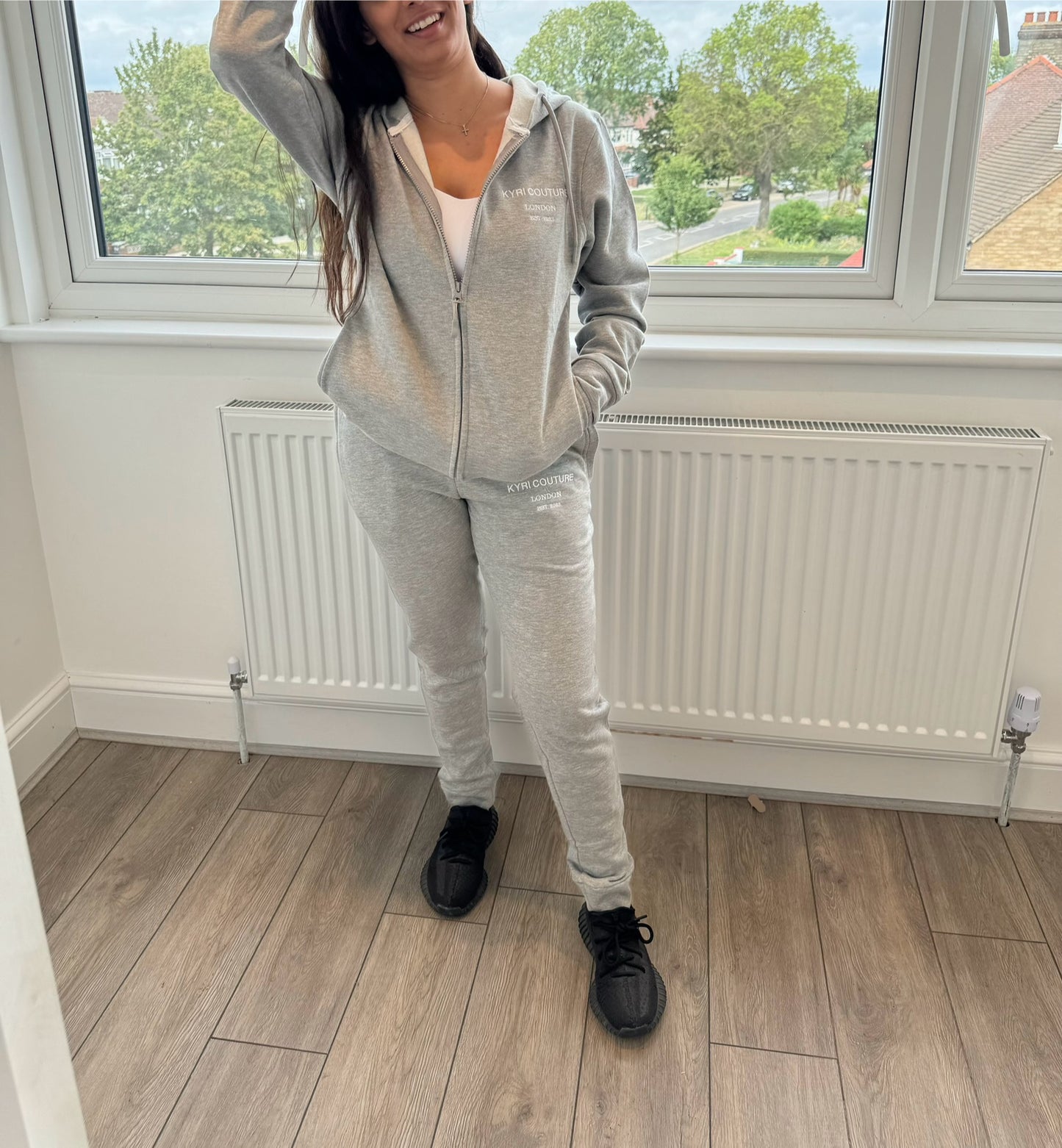 Stone Grey Cardigan/Joggers Tracksuit with White Embroidered Accents