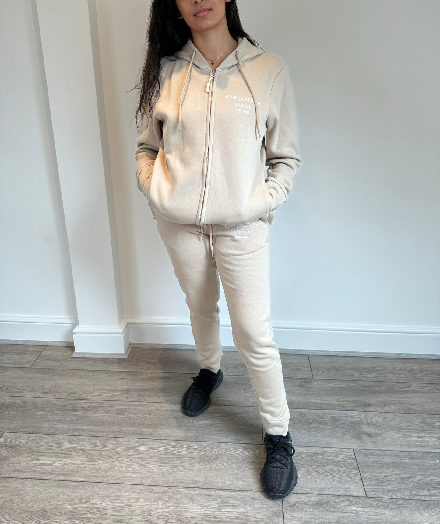 Stone Beige Cardigan/Joggers Tracksuit with White Embroidered Accents