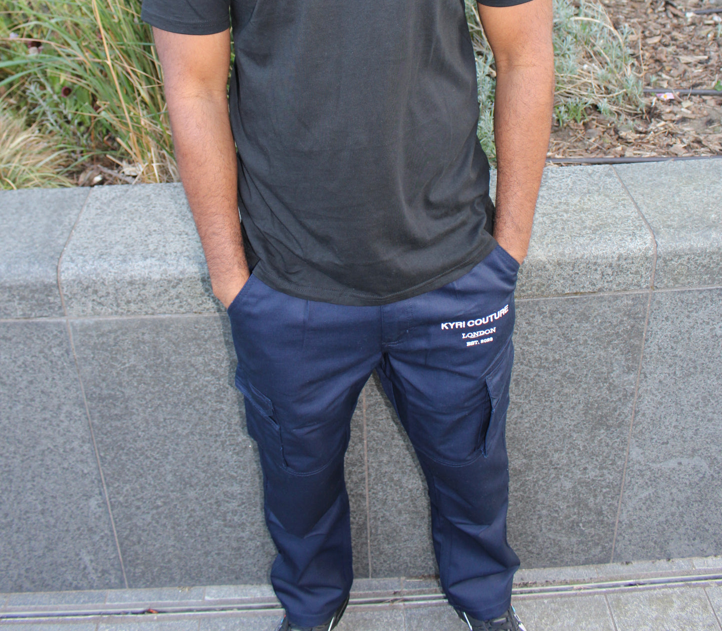 Navy Blue Cargo Pants with White Embroidery