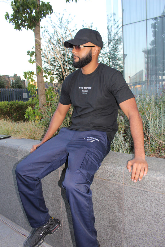 Navy Blue Cargo Pants with White Embroidery