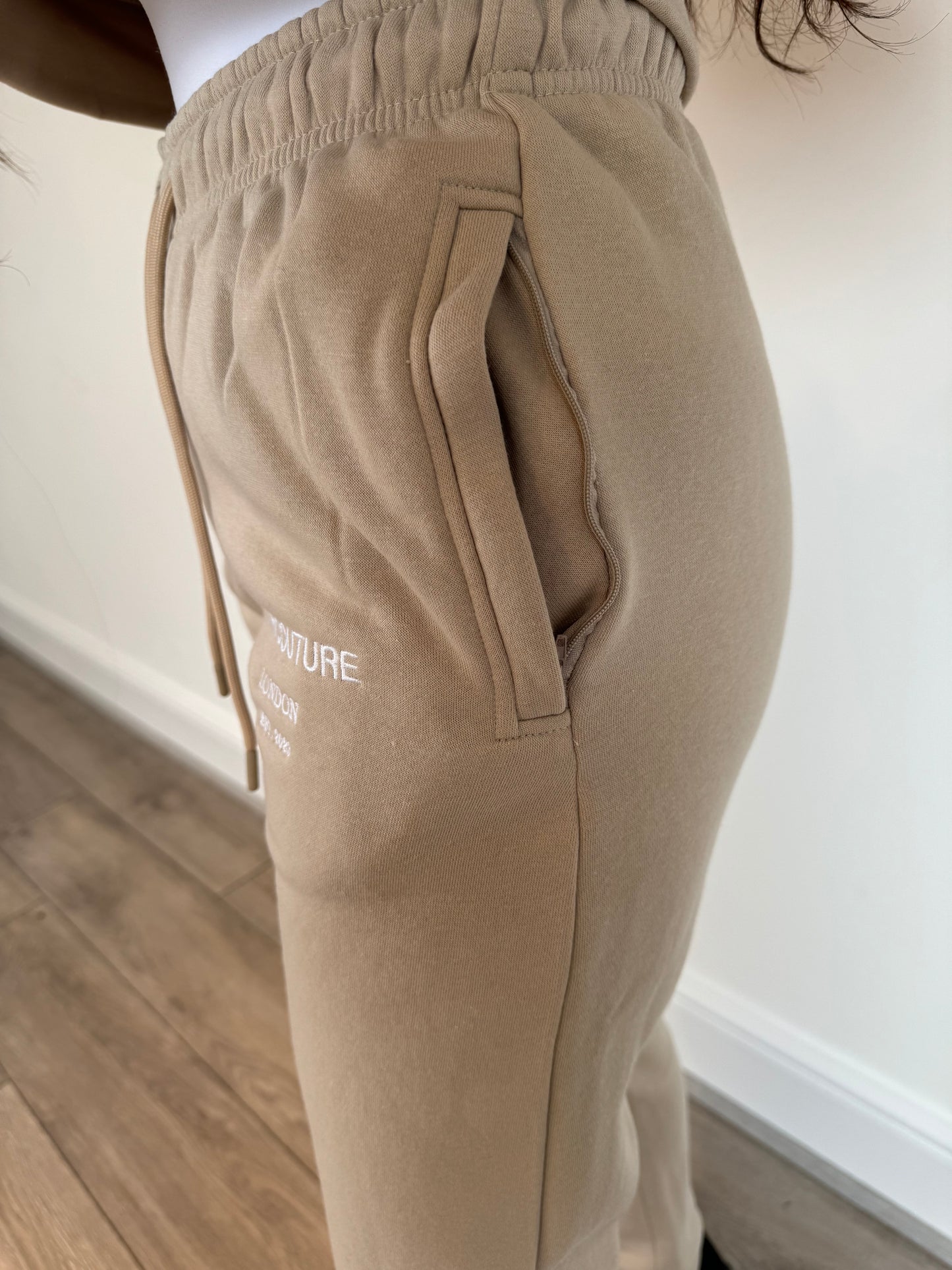 Stone Beige Cardigan/Joggers Tracksuit with White Embroidered Accents