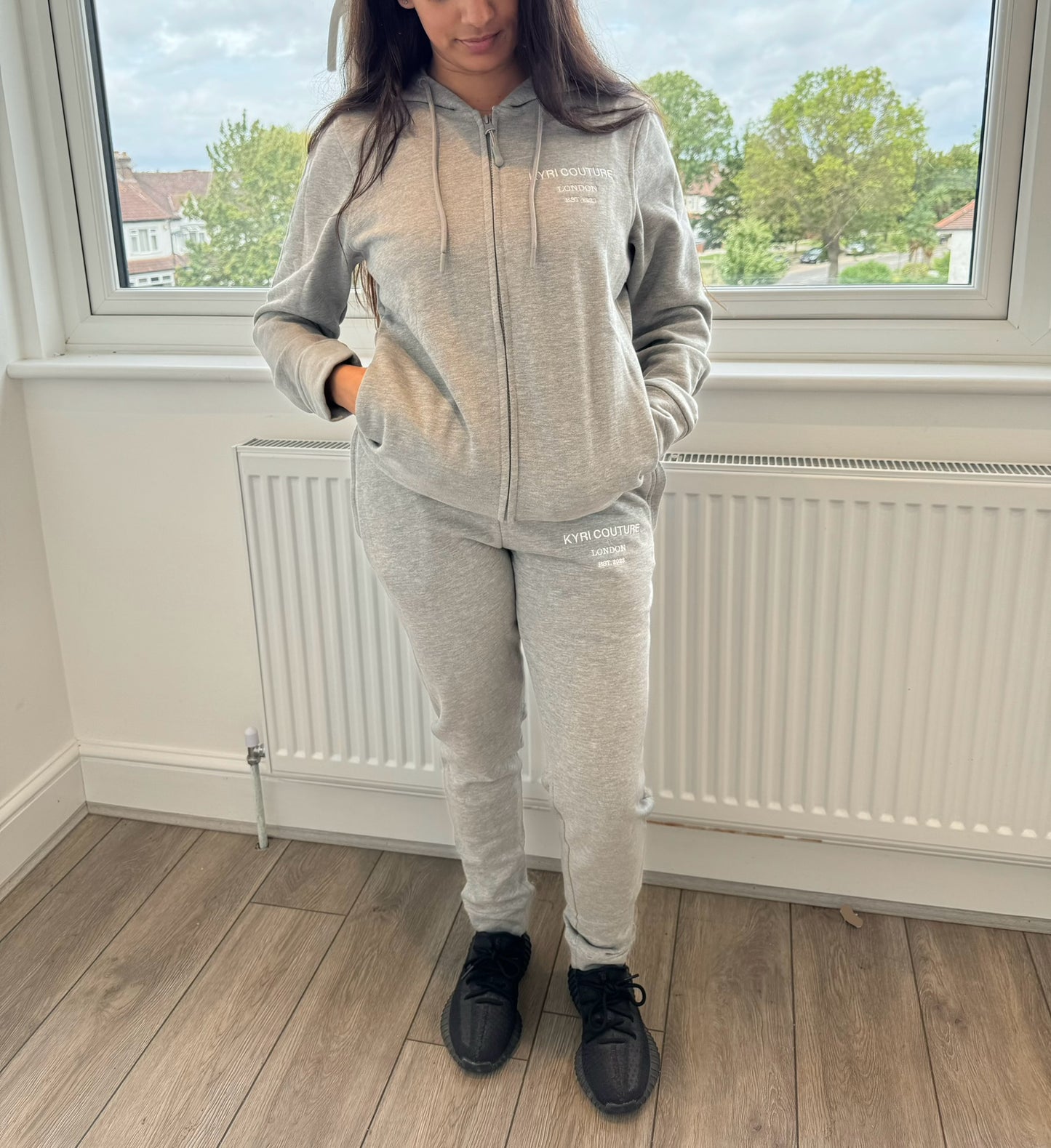 Stone Grey Cardigan/Joggers Tracksuit with White Embroidered Accents