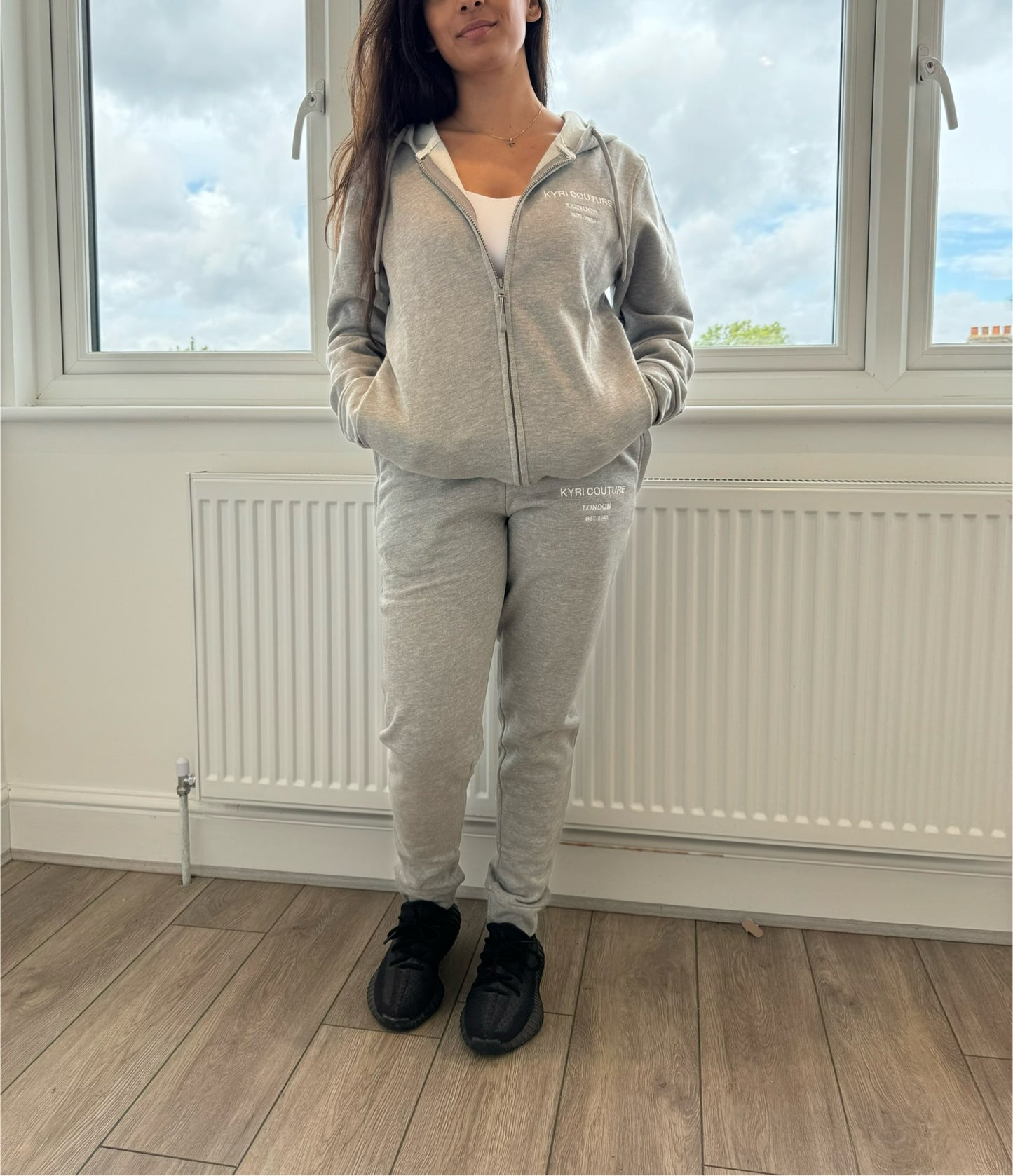 Stone Grey Cardigan/Joggers Tracksuit with White Embroidered Accents