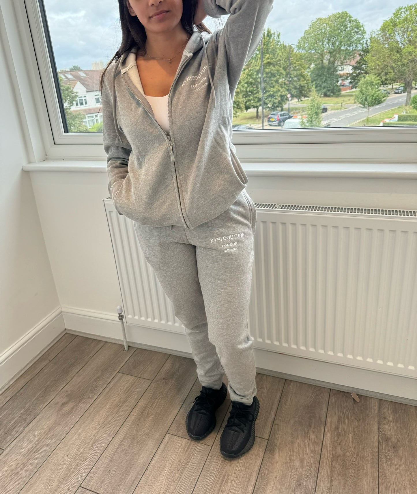 Stone Grey Cardigan/Joggers Tracksuit with White Embroidered Accents