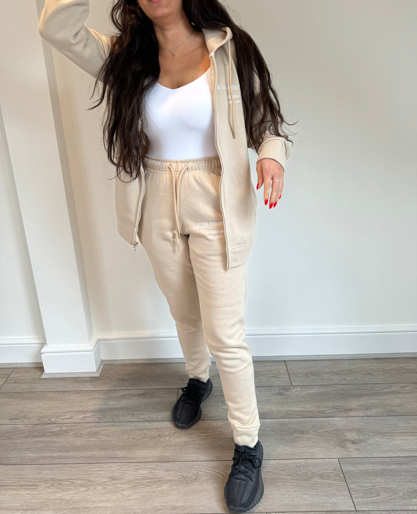 Stone Beige Cardigan/Joggers Tracksuit with White Embroidered Accents