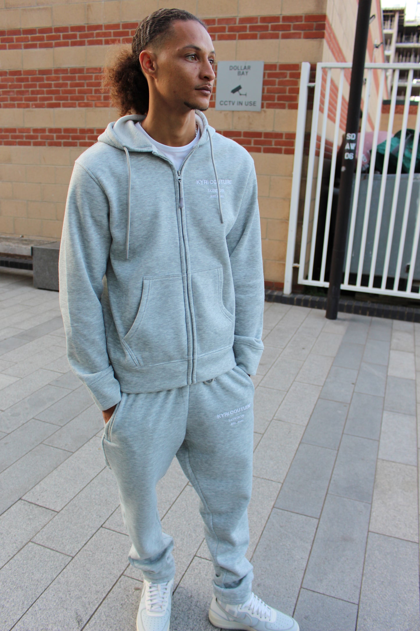 Stone Grey Cardigan/Joggers Set with White Embroidered Accents