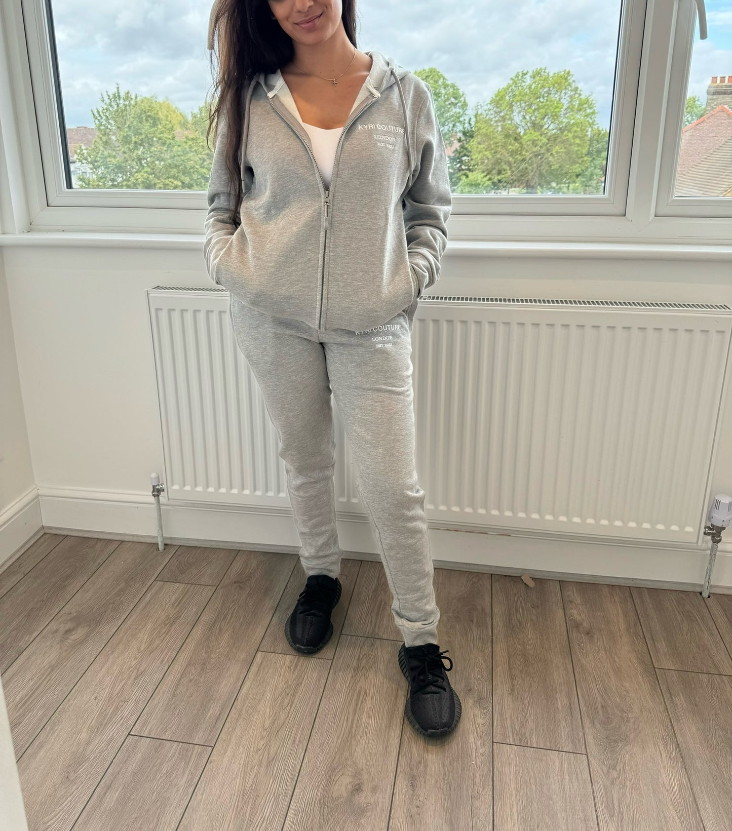 Stone Grey Cardigan/Joggers Tracksuit with White Embroidered Accents