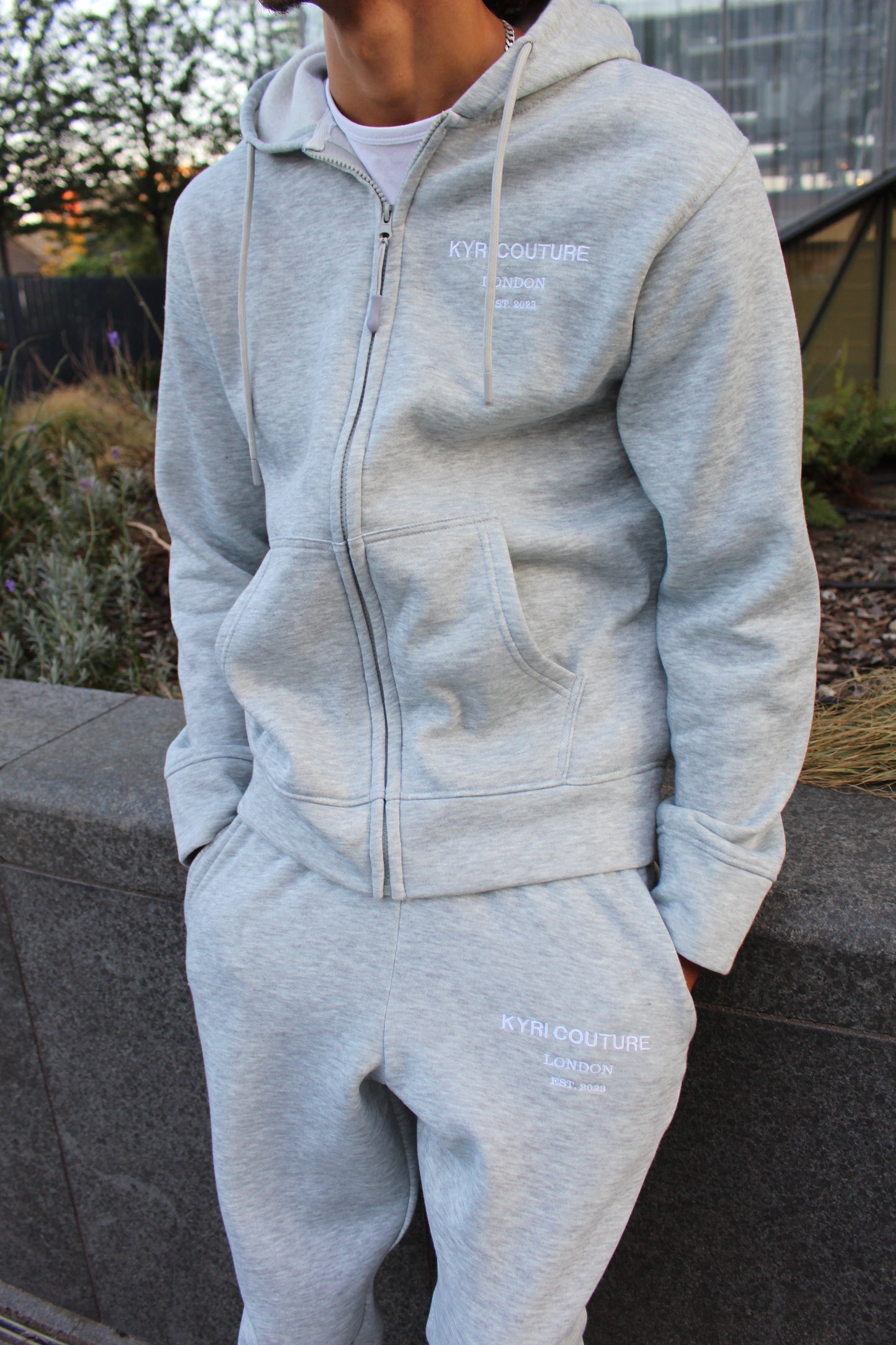 Stone Grey Cardigan/Joggers Set with White Embroidered Accents