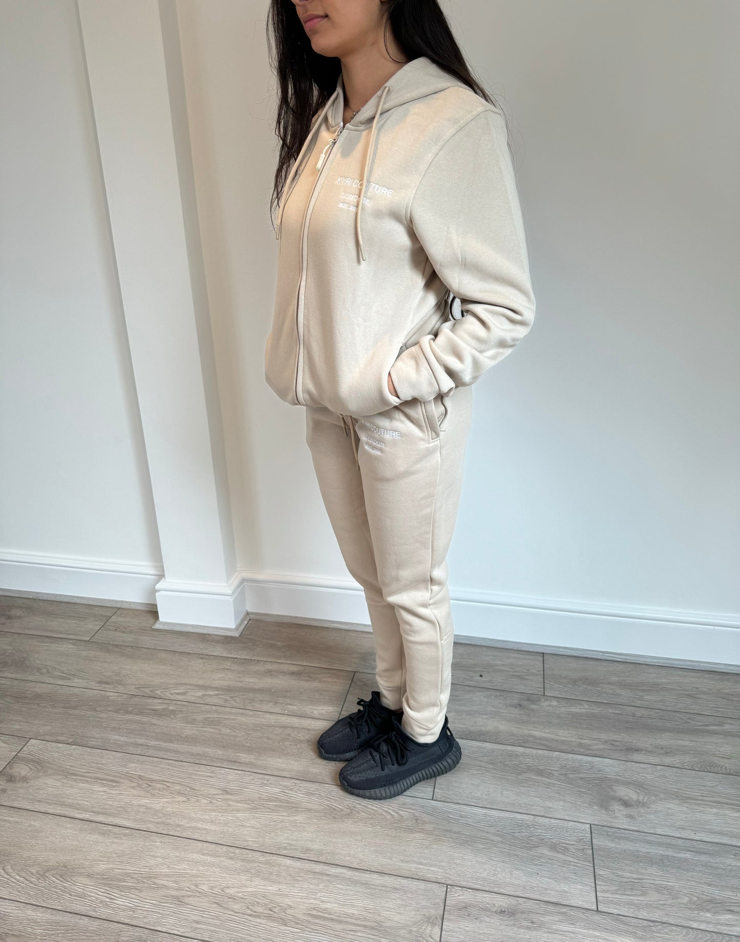 Stone Beige Cardigan/Joggers Tracksuit with White Embroidered Accents