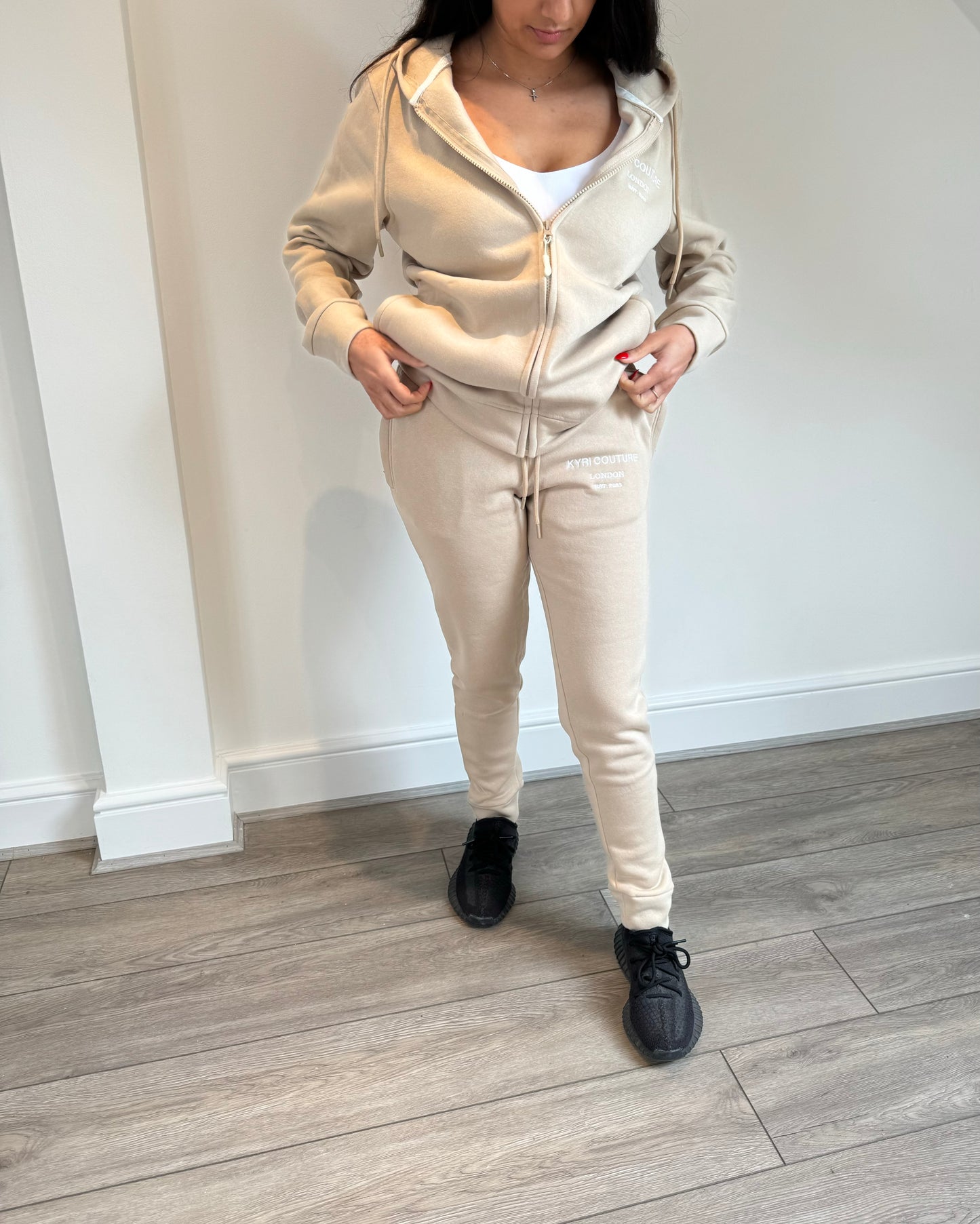 Stone Beige Cardigan/Joggers Tracksuit with White Embroidered Accents