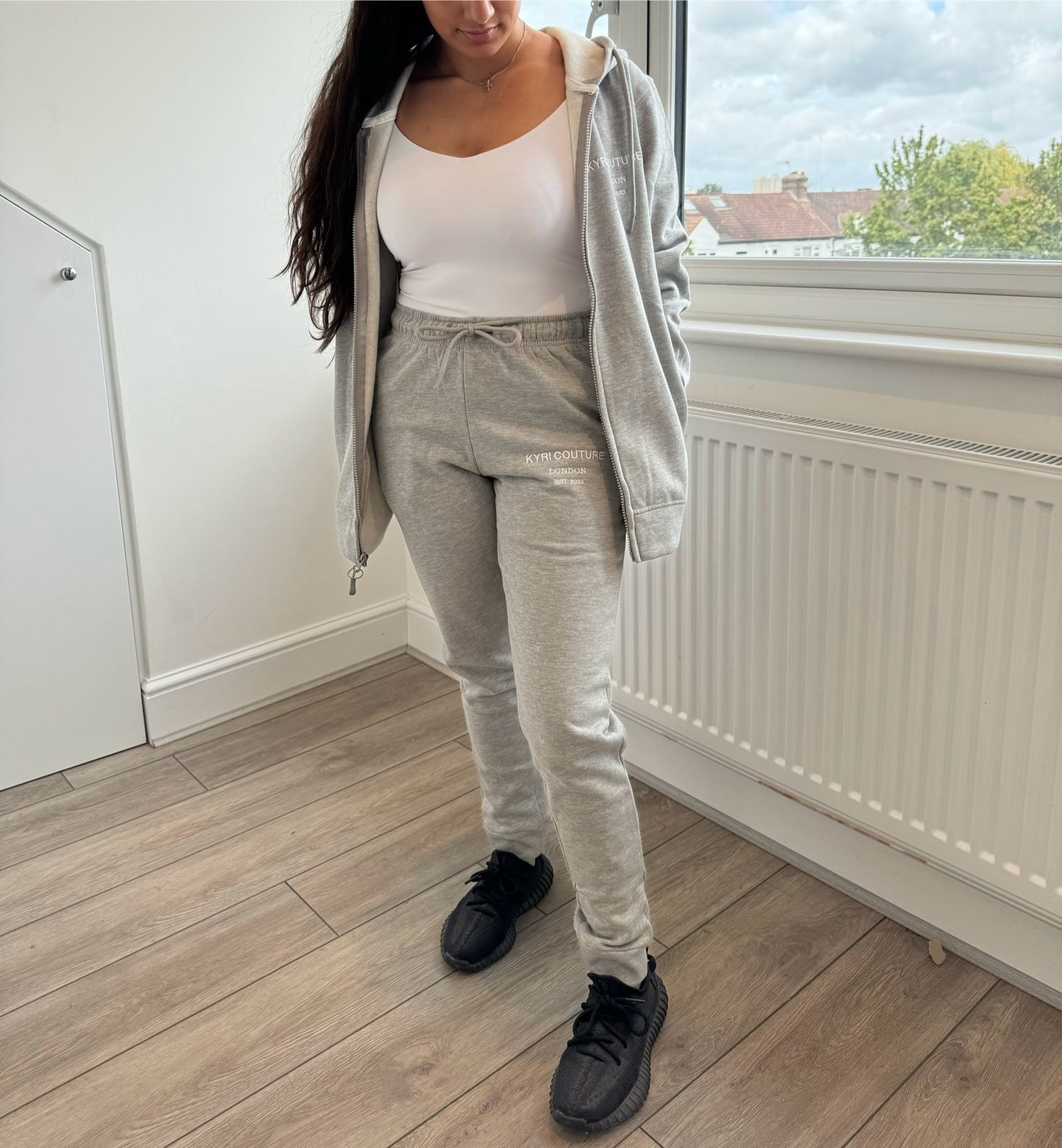 Stone Grey Cardigan/Joggers Tracksuit with White Embroidered Accents