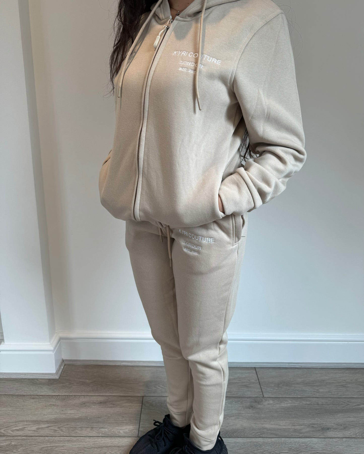 Stone Beige Cardigan/Joggers Tracksuit with White Embroidered Accents