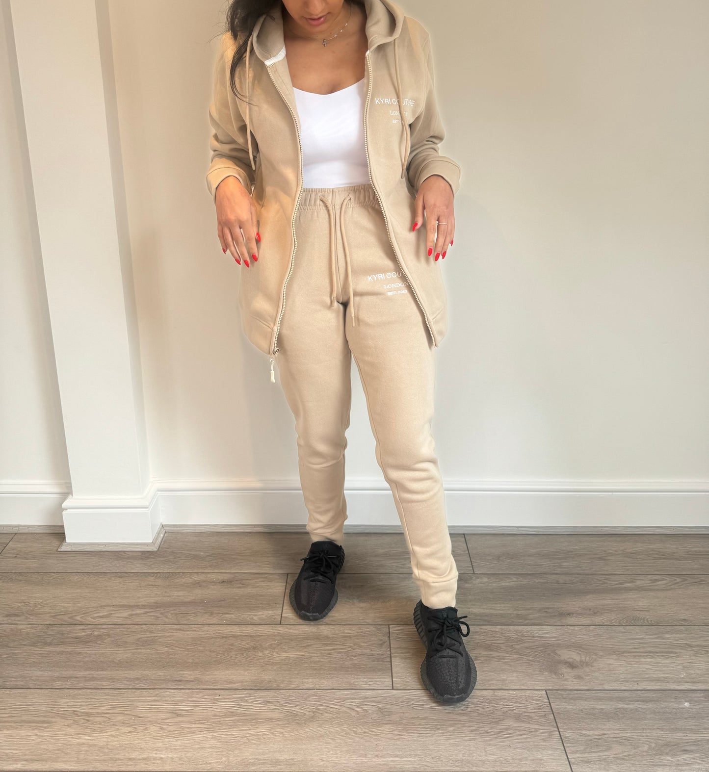 Stone Beige Cardigan/Joggers Tracksuit with White Embroidered Accents